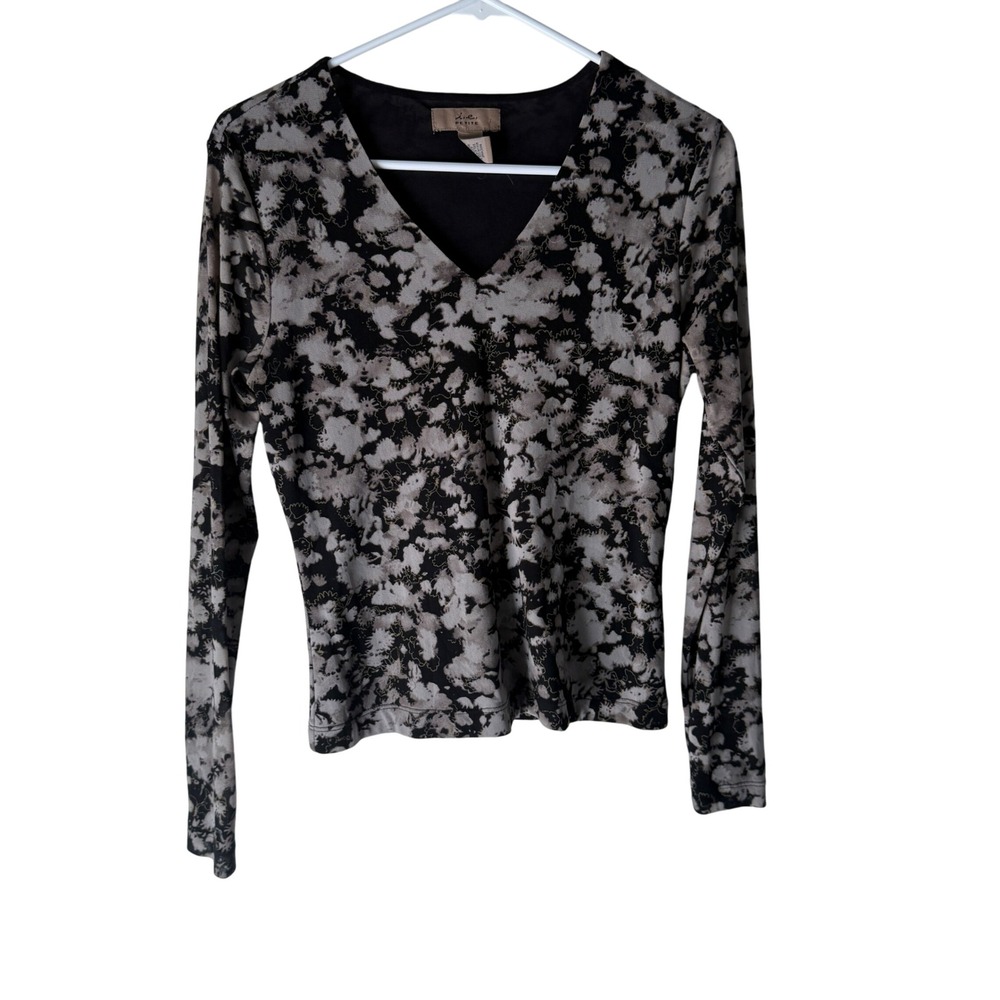 I.e. Petite Y2k Long Sleeve Top Small Black Tan Abstract Print Grunge Whimsigoth